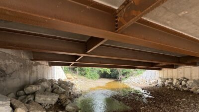 The Lockhart Road Bridge features a 20° skew, integral abutments, conventional diaphragms, a solid deck, simple railing, and two interior diaphragms with staggered spacing to accommodate variable unbraced lengths.