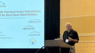 Dr. Michael Barker, SSSBA Director of Education and Professor at the University of Wyoming, presents SSSBA’s integrated steel bridge design tools.
