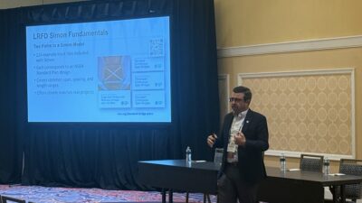 Brandon Chavel of the National Steel Bridge Alliance presents LRFD Simon, a line girder analysis and preliminary design tool based on the AASHTO LRFD Bridge Design Specifications, during a session at the 2026 International Bridge Conference.