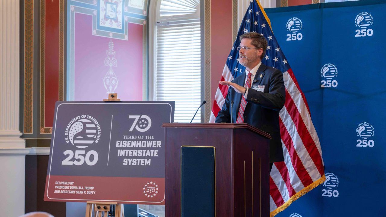Photo: FHWA Administrator Sean McMaster launches the “Reimagining America’s Interstates” initiative, celebrating 70 years of the Eisenhower Interstate System and encouraging collaboration to shape its future.