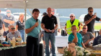 U.S. Representative Troy Balderson of Ohio’s 12th Congressional District addresses guests during U.S. Bridge’s 90th anniversary celebration in Cambridge, Ohio, recognizing the company’s contributions to American manufacturing and the bridge industry.