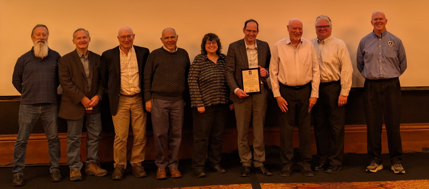 Thomas Murpshy with previous Richard S. Fountain Award winners from the Steel Bridge Task Force members (L-R): Todd Helwig, University of Texas at Austin; Rob Connor, Purdue University; Donald White, Georgia Institute of Technology; Ronald Medlock, High Steel Structures, Inc; Heather Gilmer, Pennoni; Thomas Murphy, Modjeski and Masters; Mike Grubb, M A Grubb & Associates; Frank Russo, Russo Structural Services; Justin Ocel, FHWA.